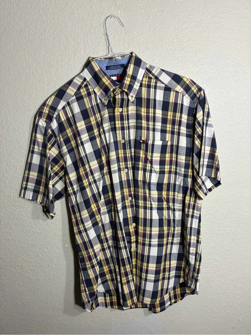 Tommy Hilfiger Navy, Yellow & White Plaid Short-Sleeve Button-Down Shirt